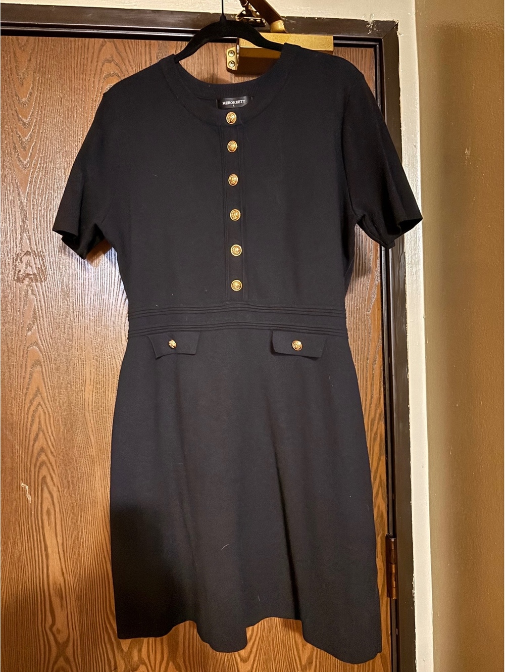 Short-Sleeve Black Knit Midi Dress- Size Large